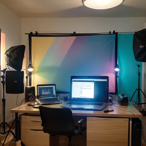 A creator studio background with laptop mic and colourful light 