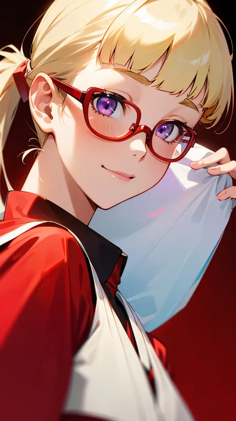 One Girl、Blonde、Blunt bangs、ponytail、Purple eyes、((Red glasses)):1.5、From the side、Upper body close-up、smile、Christmas、Dressed as Santa Claus、Red and green coloring