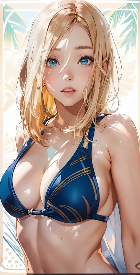 beach、Sandy Beach、blue sky、Midsummer、Swimwear、bikini、Blonde、An illustration、High resolution, 1 Girl, Korean, Eyes with heterochromia, 