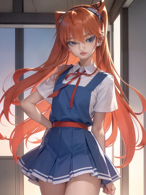 Sugar Angle, Asuka Langley Soryu, (Soryu Asuka Langley:1.5), blue eyes, Hair between the eyes, headgear, Interface Headset, Orange Hair, Both sides up, anger, Open your mouth,
break blue dress, clavicle, dress, neck ribbon, pinafore dress, red ribbon, ribb...