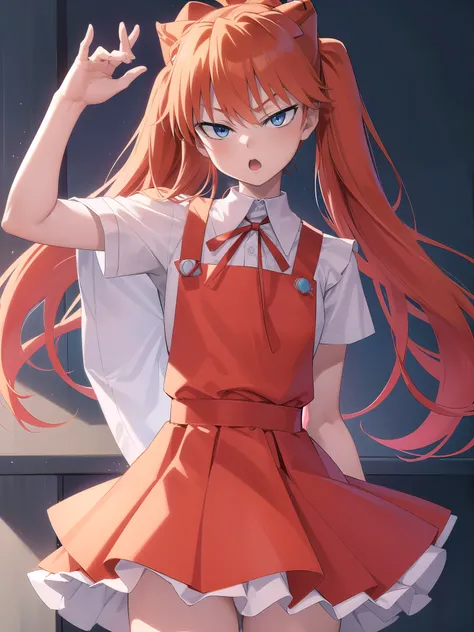 Sugar Angle, Asuka Langley Soryu, (Soryu Asuka Langley:1.5), blue eyes, Hair between the eyes, headgear, Interface Headset, Orange Hair, Both sides up, anger, Open your mouth,
break blue dress, clavicle, dress, neck ribbon, pinafore dress, red ribbon, ribb...