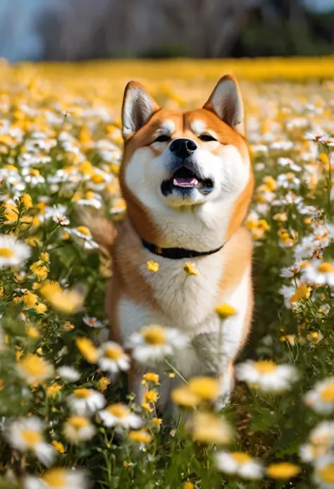 shiba inu in a flower field with flowers floating in the air