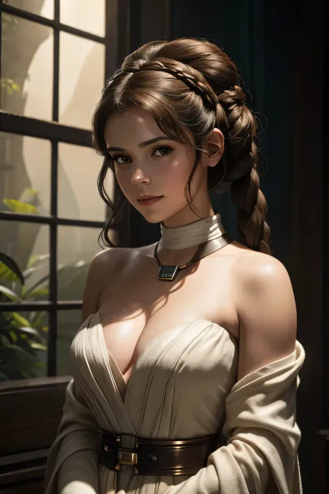 Princess padme, star wars, lustful smirking smile red blush red cheeks, chain leash, hands behind the head, kneeling, shackles, leather black collar slave, pigtail hair, official art, unity 8k wallpaper, ultra detailed, beautiful and aesthetic, beautiful, ...