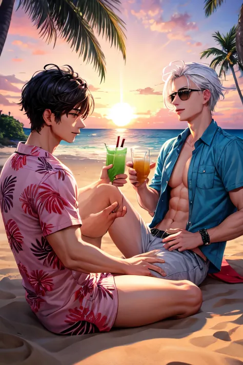 ((Best quality)), ((masterpiece)), (detailed), perfect face, 3 men, hawaiian shirts, coconut drinks in hands, Man with white hair, Man with black hair, man with purple hair, joy, beach, rest, Hawaii, sea, Sun, sand, palm trees, Pink sunset, Gays, summer, m...