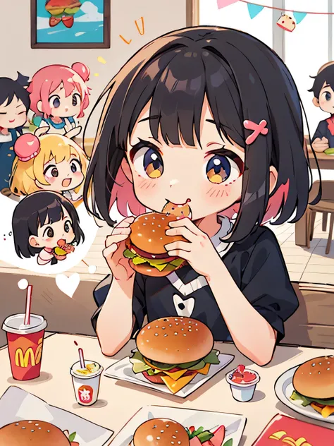 Momoko Sakura style, Kawaii Design, (((10 people)))、most beautiful girl ever、Chibi, Colorful bob hair、((Lots of friends))、children&#39;s room、(((Eat hamburger together)))、McDonald&#39;s