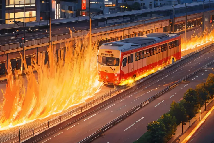 Expressways in Japan, A tourist bus with a Japanese swallow logo lying on its side, It&#39;s on fire