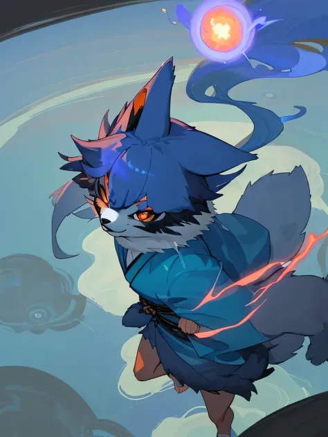 Blue fur juvenile,canid,Short kimono,Shining Eyes,Fearless smile,Cool scene,View from above,Cute design,blue fireball,Furry,juvenile,Furry,Indigo Hair