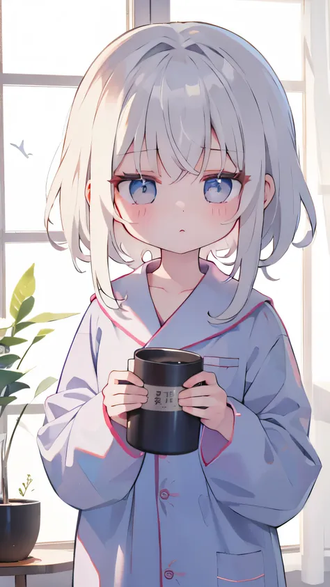 （pajamas1.5），A girl、friend、Keep a straight face，No Expression、masterpiece、Top image quality、Top quality、White-haired、Medium Length Hair、sigh、Lifeless eyes、Dark background、pajamas