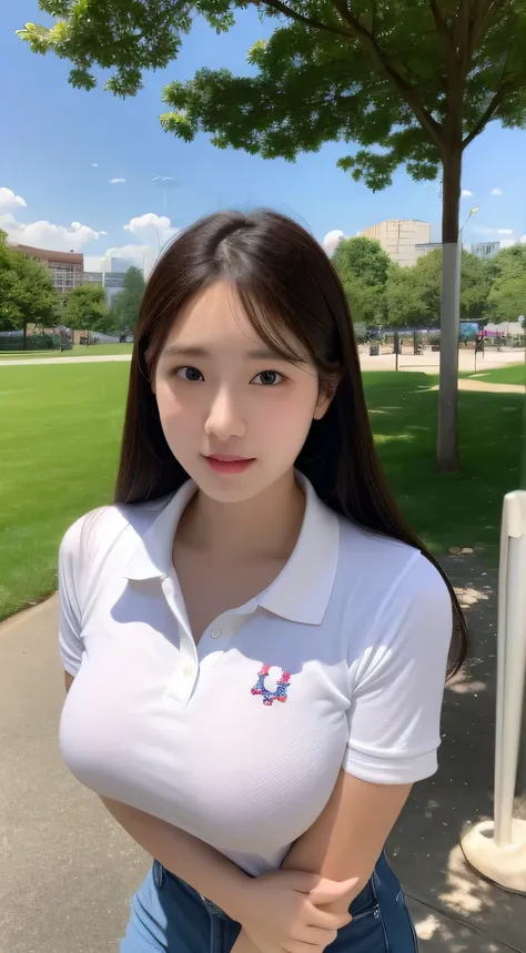 Ultra HD、large park、White polo shirt、high school girl、Big Breasts