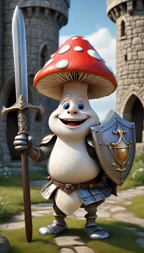 **tiny Beautiful anthropomorphic smiling Mushroom Creature as Medieval Warrior, full Body, intense face Expression, charming Pose, Sword and Shield, medieval Castle Scene, medieval Castle, funny surrealistic Caricature Character, 3D Photorealistic, by Aard...