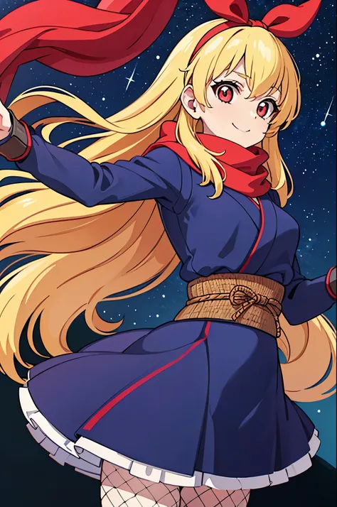 (RED Ribbon on HAIRband:1.2),(((master piece))),(((best quality))),(((8k))),(((ultra detailed))),(((1 girl))),(wide eyed),(cowboy shot),(Blonde hair,long hair),(RED eyeedium breasts)),((from front)),(((starry sky))),smile,(((ninja))),(((Kunoichi))),(((medi...