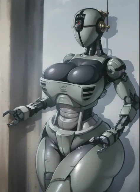 robot girl, humanoid robot, robot joints, full face mask, huge breasts, big breasts, big bust, big ass, thick thighs, wide hips,