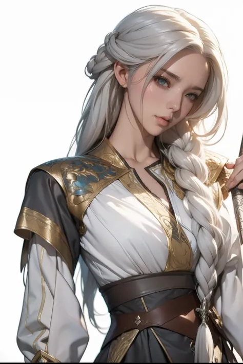 a woman with long white hair and a white dress holding a sword, fantasy style clothing, style artgerm, fantasy style art, fantasy art style, style of game of thrones, artwork in the style of guweiz, style of artgerm, style of wlop, style of charlie bowater...