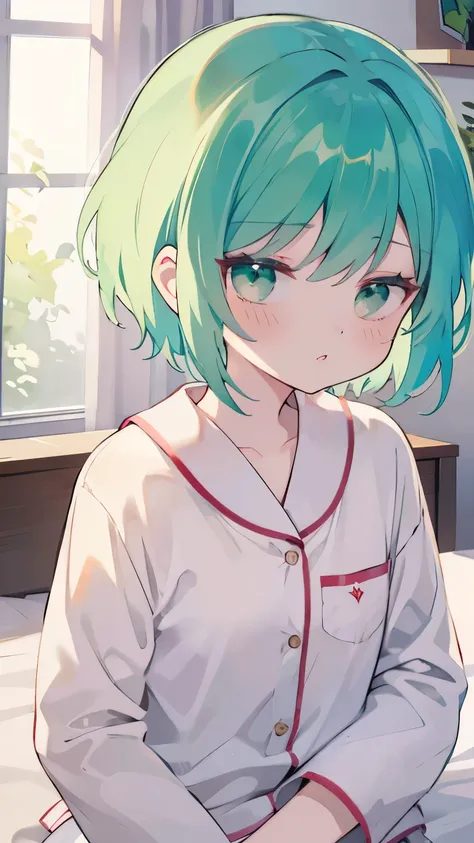 （pajamas1.5），green hair、pajamas、short hair、a girl、friend、keep a straight face，no expression、masterpiece、top image quality、top qu...