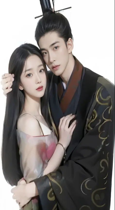 Close-up of a person hugging a woman in a kimono, Inspiration from Zhang Han, High quality fan art, In the art form of the pond, Inspiration from Guan Tao Sheng, By Yang J, Official fan art, Inspiration from Huang Gongguang, cute couple, Inspiration from Z...