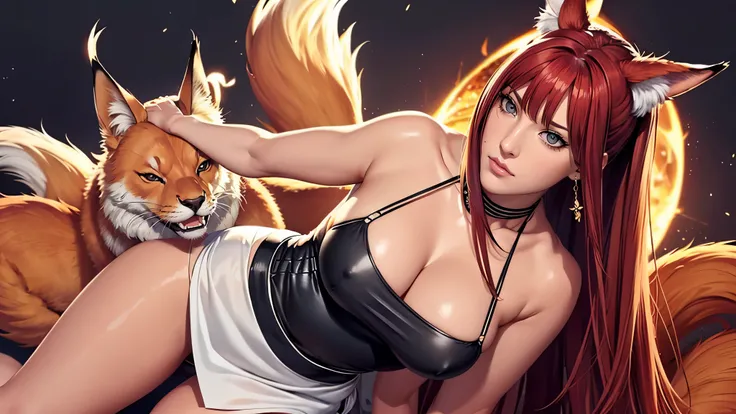 （（（完美figure，figure，（（（A giant fox stands behind a woman，White skin，kurama,Pommeled Horse, abdominal muscles, red eyes, animal ears, body hair, colored sclera, fox ears, fox girl, fox tail, hairy, hairy female, fox, multiple tails, muscular, navel, orange f...