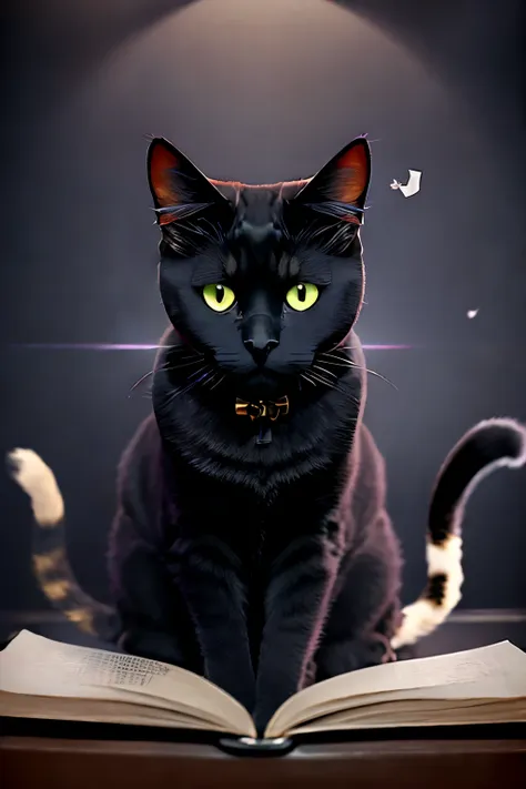 ((magician black cat:1.4)), (animal), ((cat:1.4)), black bow, floating magic book, dressed up as a magician, dark background, ou...