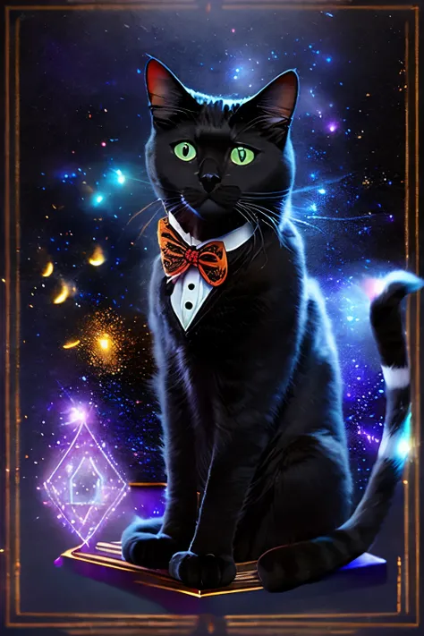 ((magician Black Cat:1.4)), (animal), ((Cat:1.4)), Magic Particle Effects, Dressed up as a magician, Dark background, outside border, UHD