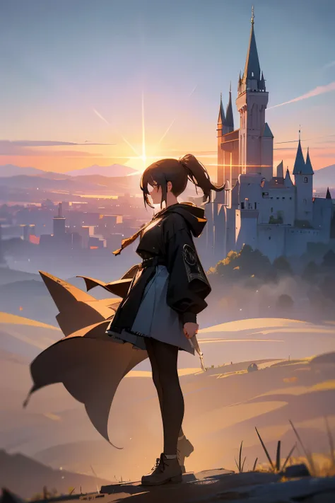 In the heart of a breathtaking landscape, a girl stands out as the most beautiful masterpiece in the world. Her figure is captured in all its Extremely intricate and realistic details, dressed in a black hoodie that contrasts sharply with a white casual sh...