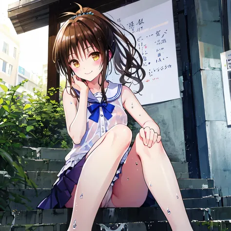 realistically, brown eyes, ponytail, glowing eyes, white short skirt, extra short skirt, Blush, daytime, Wet from the rain, see through, sleeveless shirt, nipples, pussy, crotch, smile, Sit with your knees raised, windy, yuki mikan, the skirt is turned up,...