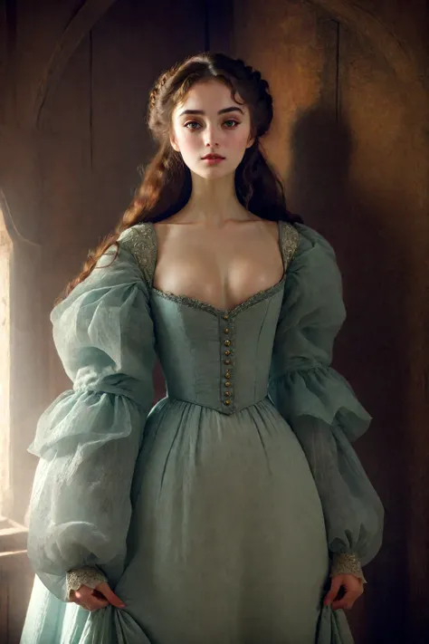 raw photo. anna karenina 22 years old, dressed in period clothing, russia, 19th century ad, perspective, half body detail, sharp...