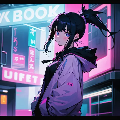 girl、Black Hair、ponytail、hoodie、Neon Signs