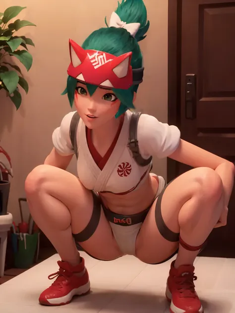 naked, nude, topless, (owkiriko), kiriko (overwatch), green hair:0.7, red fox helmet, red sneakers, squatting, spread legs, inside, mouth open, sperm in mouth, blushing, looking at viewr, no_underwear, pussy, topless, nsfw, tits, small_boobs, nipples, thic...