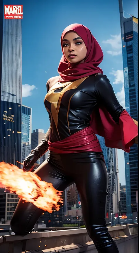 create a dynamic and action-packed photomanipulation reminiscent of marvel superhero movies. feature the malay girl in hijab sho...