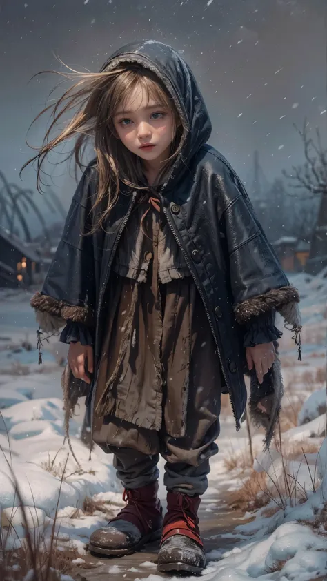 oil painting, Little desperate hopelessly freezing girl with ragged medieval clothes dirty and without shoes in the snow. Dishevelled hair, Tears run down her cheeks, Night falls and fog rolls in, oil painting,
