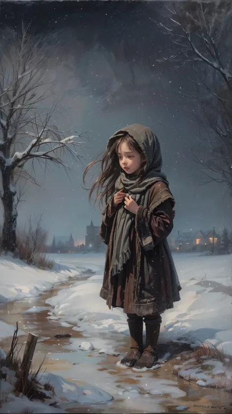 oil painting, Little desperate hopelessly freezing girl with ragged medieval clothes dirty and without shoes in the snow. Dishevelled hair, Tears run down her cheeks, Night falls and fog rolls in, oil painting,
