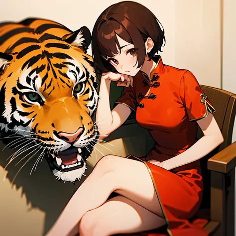 girl、brown hair、short hair、Sit on a chair、Red Chinese Dress、Tiger