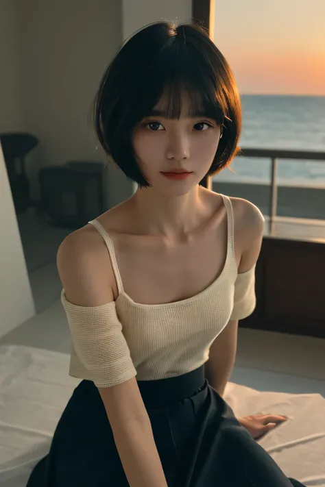 ((best quality，masterpiece:1.3))，sharp:1.2，Perfect body beauty:1.4，((Layered Hairstyle))、(Black long skirt:1.1)，(darkroom:1.2)，Highly detailed face and skin texture，Exquisite eyes，(clavicle:1.3)，Double eyelids，((short hair))，childish，Sunset Beach，rest，clos...