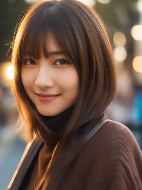 product quality, 1 girl, cowboy shot, front view, a Japanese young pretty girl, long bob hair, walking with a big smile on a crowded sidewalk in the evening, the beautiful sunset, wearing a black turtleneck sweater, hem of the sweater over jeans, carrying ...