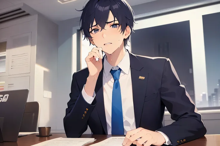 raising hands, Biologically correct five fingers、Upper body, masterpiece、highest quality、Alone、(25-year-old male:1.5) and (Black short hair) and (blue eyes), (business suit:1.5) and (Blue tie)、Sitting、(confused, Sweat:1.5), The background is the office、doc...