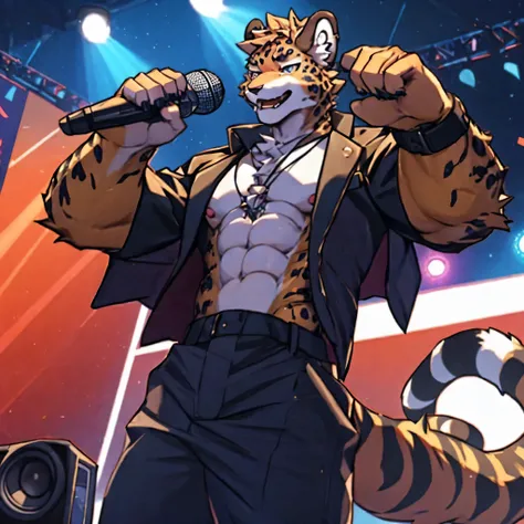 Idol，4k, Practical, High Detail, Super detailed, Leopard，juvenile，Golden fur，Eight-pack abs，Hit the singing suit，fashion clothing，One-handed microphone，Foot Speaker，sing on stage，