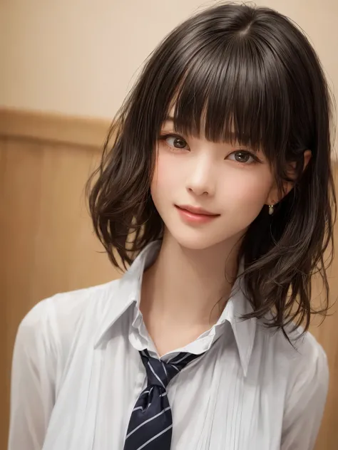 (masterpiece:1.3), (Realistic, RAW Photos, highest quality: 1.4), (One Girl), Beautiful Face, (超Realistic Face、シンメトリーのBeautiful Face、Looking into the camera), (Black Hair, short hair:1.6、bangs:1.3、Put out your ears、Beautiful long neck、happy smile with clos...