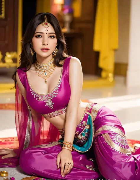 A mesmerizing vision of Indian femininity, dressed in vibrant colors and ornate jewelry, her sensual presence captured in a stunning rendering.photoreal epic realism hyper realistic 