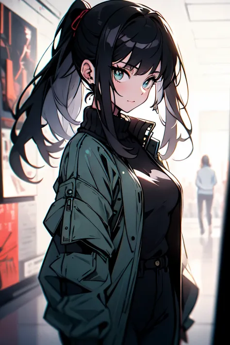 ((best quality)), ((artwork)), (detailed), perfect face thin woman 17 years old, blue eyes, long curly black hair tied in a ponytail, wearing black jeans and a turtleneck sweater. The jacket was a thin black windbreaker, holding an smartphone