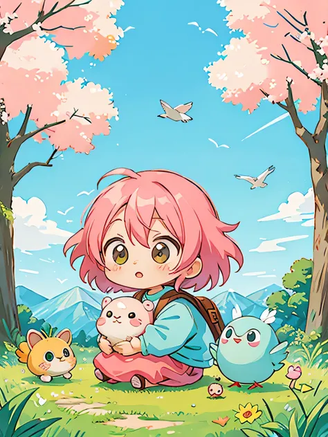 akira toriyama style, Kawaii Design, Chibi, beautiful spring afternoon、birdie