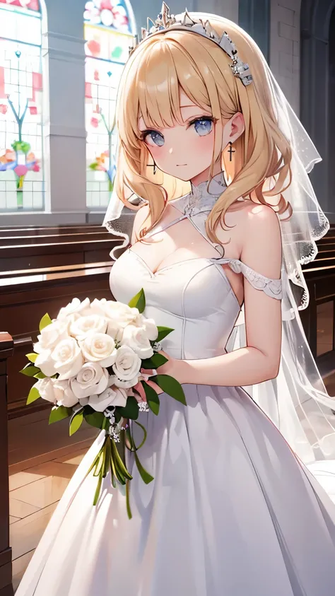 ((best quality)), ((masterpiece)), (detailed), perfect face, (best quality), (detailed skin:1.3), (intricate details), (curly hair, long hair), Wedding, wedding dress, expression of joy, holding a bouquet in both hands, pure white dress, blonde hair, earri...