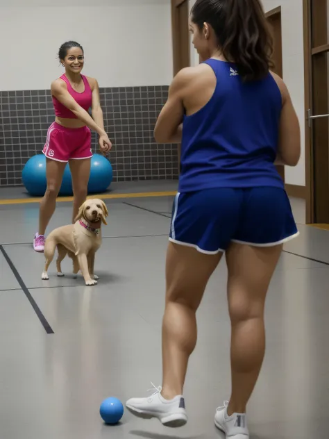 there is a woman and a dog playing with a ball, the dog is doing a ballet dance, by Amelia Peláez, with dogs, in a gym, dancing in the background, lunging at camera :4, the photo shows a large, by Samuel Silva, standing on two legs, malika favre, person in...