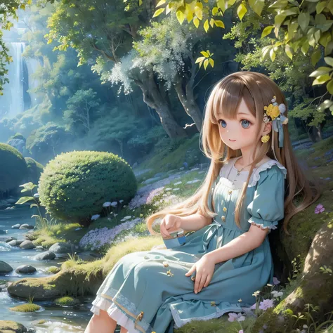 (ocean view) A girl in a(serene) countryside garden, surrounded by lush greenery and vibrant flowers. She is sitting on a(wooden bench) with a(soft cushion) as she gazes out into the distance. The garden is located at the base of a majestic mountain(range)...