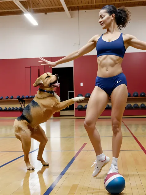 there is a woman and a dog playing with a ball, the dog is doing a ballet dance, by Amelia Peláez, with dogs, in a gym, dancing in the background, lunging at camera :4, the photo shows a large, by Samuel Silva, standing on two legs, malika favre, person in...