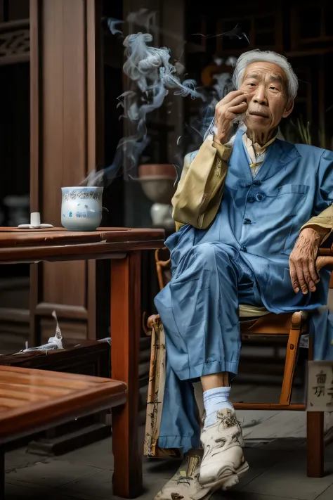 portrait photography，an old chinese man，wearing blue cloth，cigarette between fingers，sitting in an old-fashioned teahouse，canon ...