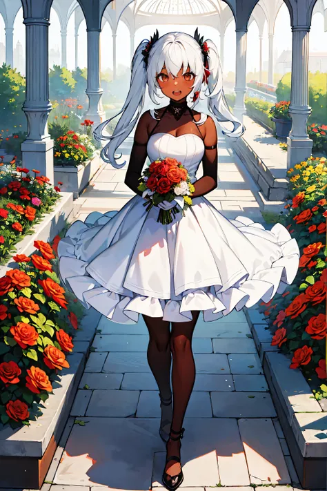 masterpiece, best quality, 1girl,full body,twin tail,bright White Hair,Red eyes,dark skin,looking at the viewer, ((holding a bouquet)),red rose bouquet,open mouth smile,Im in a flower garden,white  evening dress,Stand with your feet shoulder-width apart