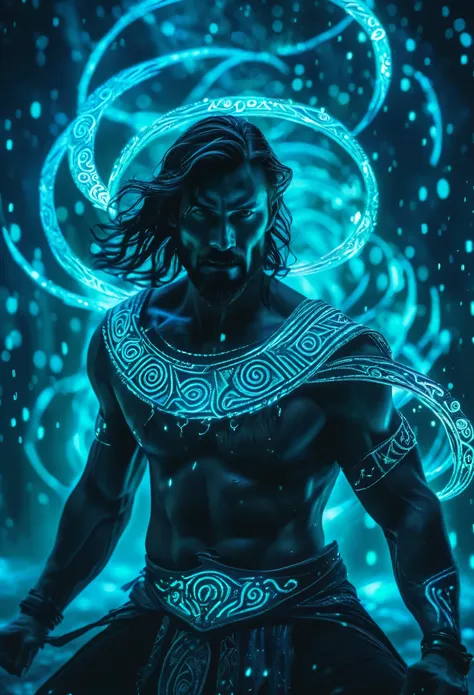 A portrait fit man in a dynamic pose covered in bioluminescent runes, fantasy, global illumination raw photography, fantasy environment