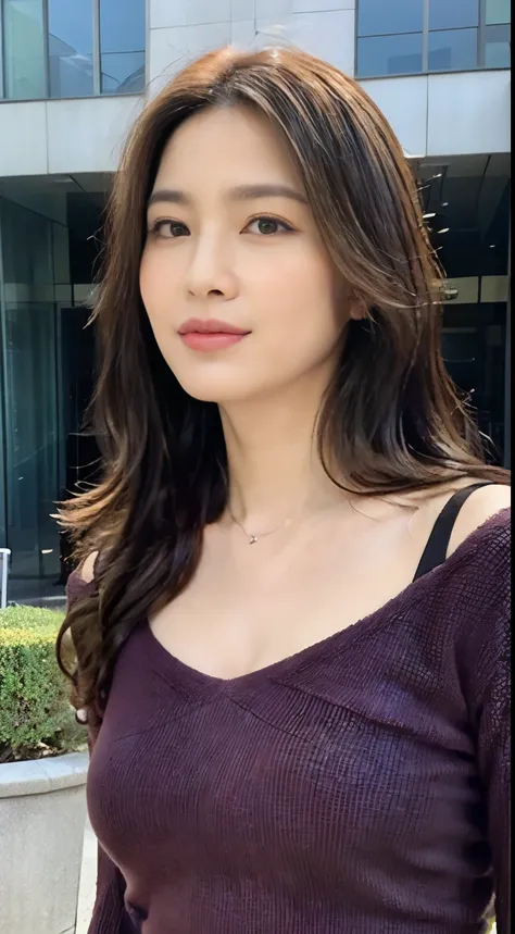 highest quality、masterpiece、超A high resolution、(Photorealistic:1.4)、Japanese women、48-year-old woman，Wavy brunette hair、silk、purple knit long dress（Big Breasts：1.4）、Stand on your own two feet：1.2，Street background，A little chubby：1.2，Straight body，A slight...