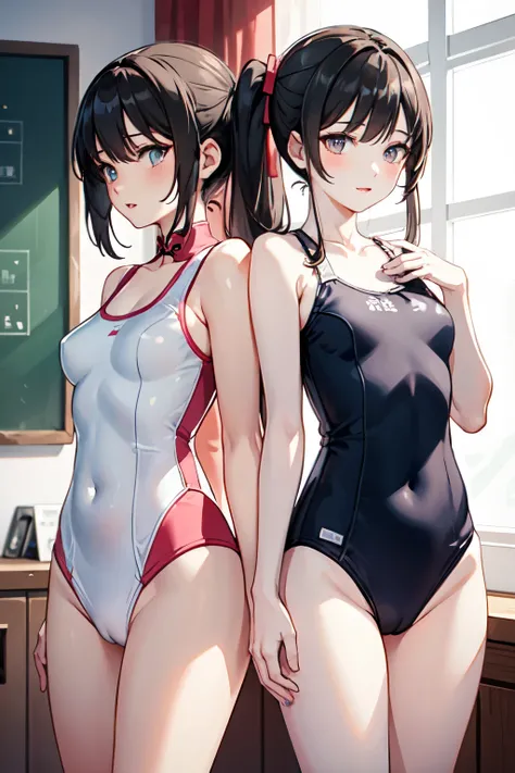 The characters in the illustrations are the same, but the historical background is ancient China.。
Create an illustration of the girls having sex with black hair in twin tails, wearing school swimsuits, making the girls naked so that their whole bodies are...