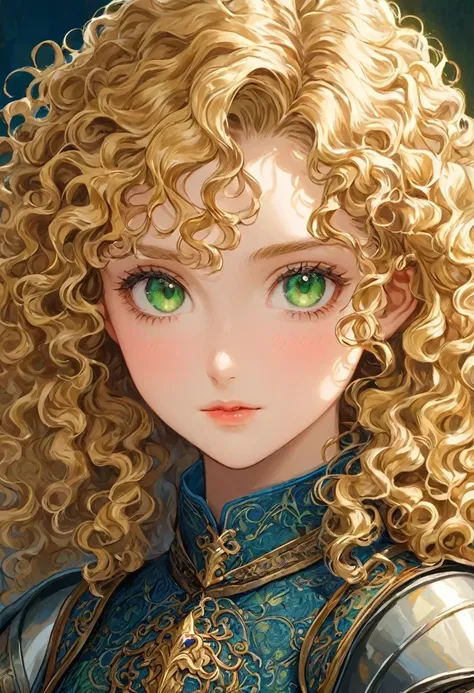 One girl, masterpiece, highest quality, Detailed skin texture, Detailed cloth texture, Beautifully detailed face, Intricate details, Super detailed, European girl, Green Eyes, Blonde has curly hair, Medieval Knight