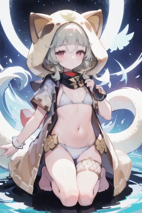 masterpiece，Super mass，hyperdetails，Perfect drawing，1 beautiful girl，White fluffy bikini，Small round eyes，Height 135cm，Three sizes B70W50H75，fluffly，Kneeling，Pow paused